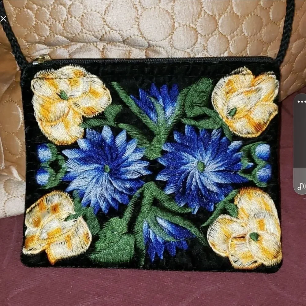 Black Velvet Embroidered Floral Stitch Crossbody Purse